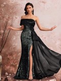Women's Elegant Sequin Patchwork Strapless Off-Shoulder Evening Dress Bridesmaid Gown