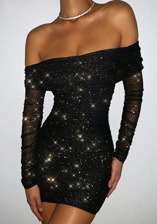 Women's Sexy Off-Shoulder Ruffled Bodycon Evening Dress Short Sleeveless Long Gown