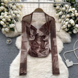 Women's Tie-Dye Mesh Long Sleeve T-Shirt Thin See-Through Chic Ruffle Top