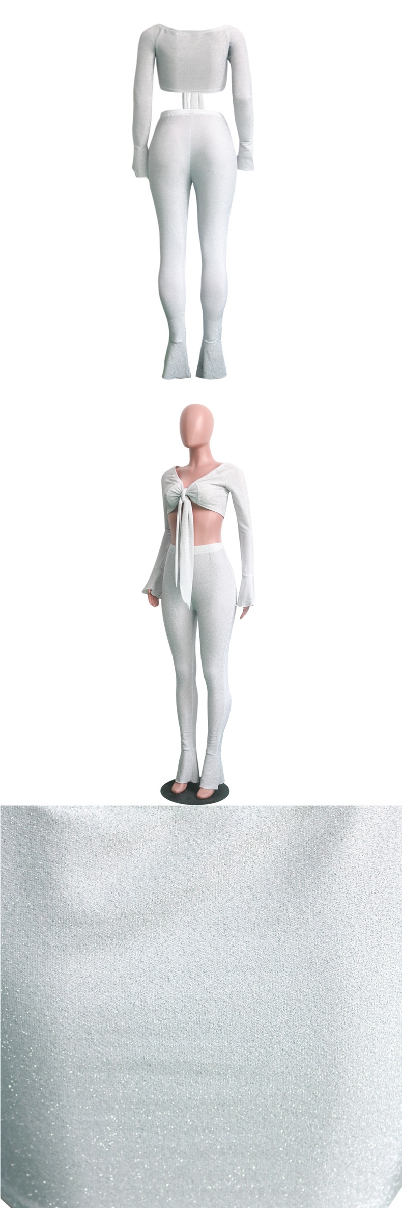 Women's Metallic Elastic Bow Lace-Up Sexy Top + Bell Bottom Pants Two-Piece Set