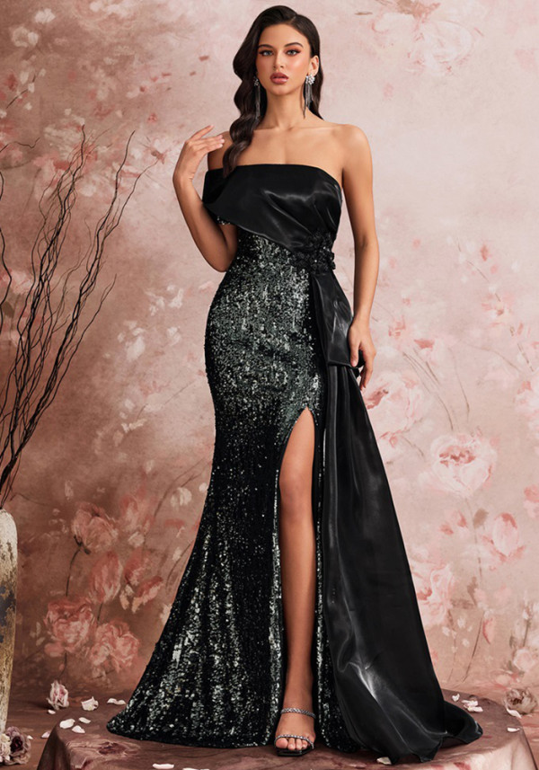 Women's Elegant Sequin Patchwork Strapless Off-Shoulder Evening Dress Bridesmaid Gown