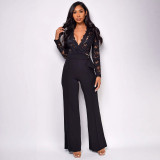 Women's Lace Patchwork Long Sleeve Casual Wide-Leg Jumpsuit