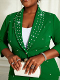 Plus Size Women's Career Turndown Collar Green Beaded Three-Quarter Sleeve Slim Fit Blazer Dress
