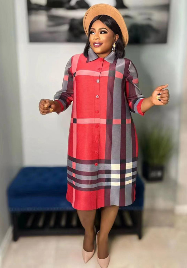 Women's African Single-Breast Plus Size Fashion Plaid British Chic Shirt Dress