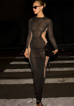 Autumn Women's Fashion Sexy Mesh See-Through Color-Blocked High-Waist Bodycon Dress