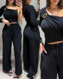 Women's Metal Slash Shoulder Cropped Top & Wide-Leg Pants Set