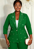 Plus Size Women's Career Turndown Collar Green Beaded Three-Quarter Sleeve Slim Fit Blazer Dress