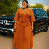 Women's African Pleated Plus Size Fashion Casual Loose Rhinestone Top & Skirt Two-Piece Set