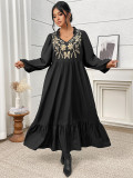 Plus Size Women's Floral Print High-Waist Slim Fit Black Ruffle Dress