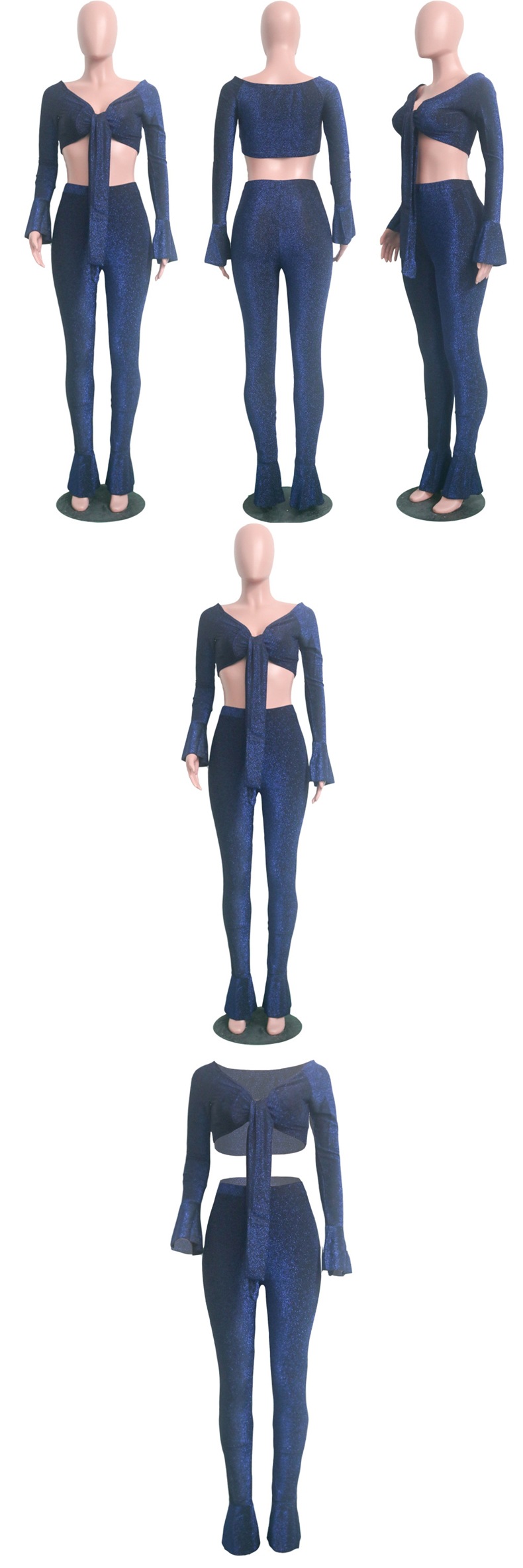 Women's Metallic Elastic Bow Lace-Up Sexy Top + Bell Bottom Pants Two-Piece Set