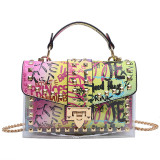 Women's Graffiti Print Transparent Chain Strap Jelly Bag