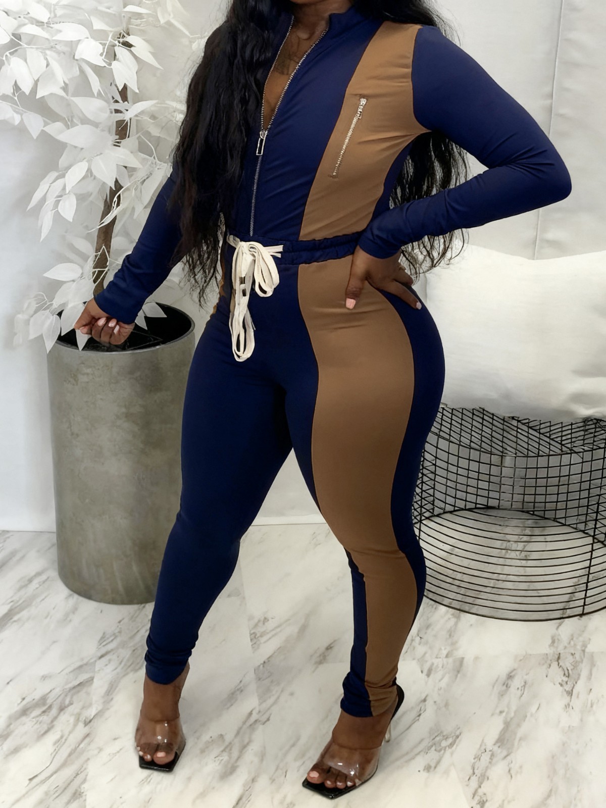 Autumn/Winter Women's Color-Blocked Zip-Up Top & Long Pants Two-Piece Set