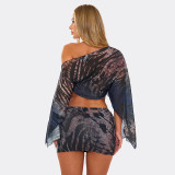 Women's Leopard Print Mesh Slash-Shoulder Long Sleeve Top + Tight-Fitting Short Skirt Two-Piece Set