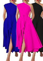 Summer Women's Fashion Sleeveless Slash Neck Solid Slim Waist A-line Dress