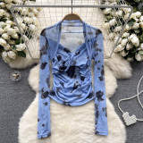Women's Tie-Dye Mesh Long Sleeve T-Shirt Thin See-Through Chic Ruffle Top
