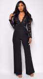 Women's Lace Patchwork Long Sleeve Casual Wide-Leg Jumpsuit