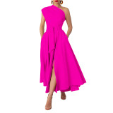 Summer Women's Fashion Sleeveless Slash Neck Solid Slim Waist A-line Dress