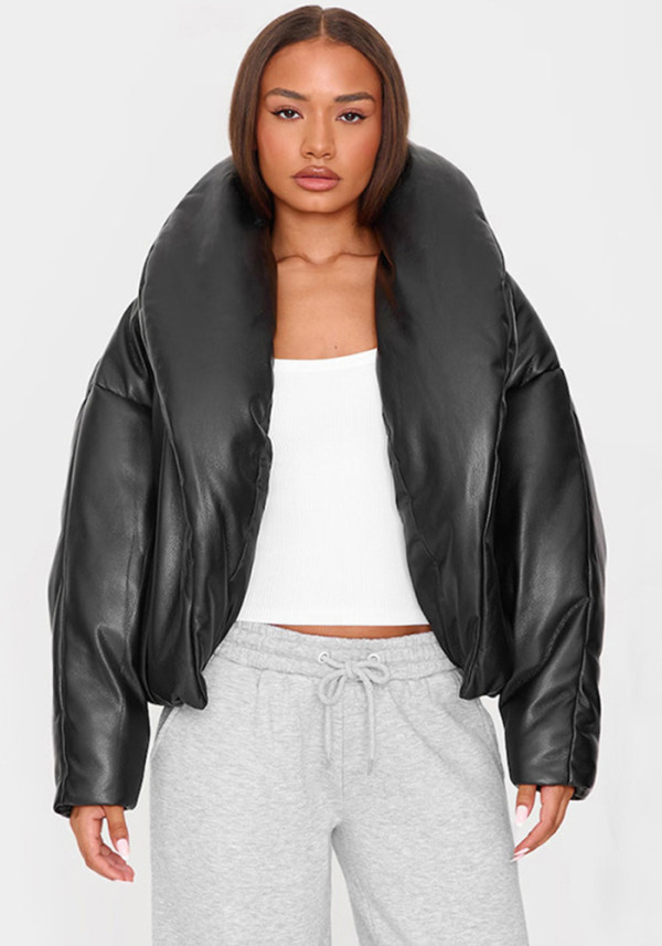 Women's Winter Street-Style Designed Leather Stand Collar Loose Cotton-padded Coat