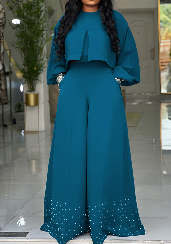 Women's Fashion Puff Sleeve Crop Top + Pearl Embellishments Wide-Leg Pants Set