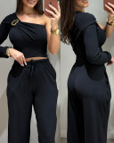 Women's Metal Slash Shoulder Cropped Top & Wide-Leg Pants Set