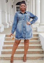 Plus Size Women's Turndown Collar Long Sleeve Short Denim Fashion Shirt Dress