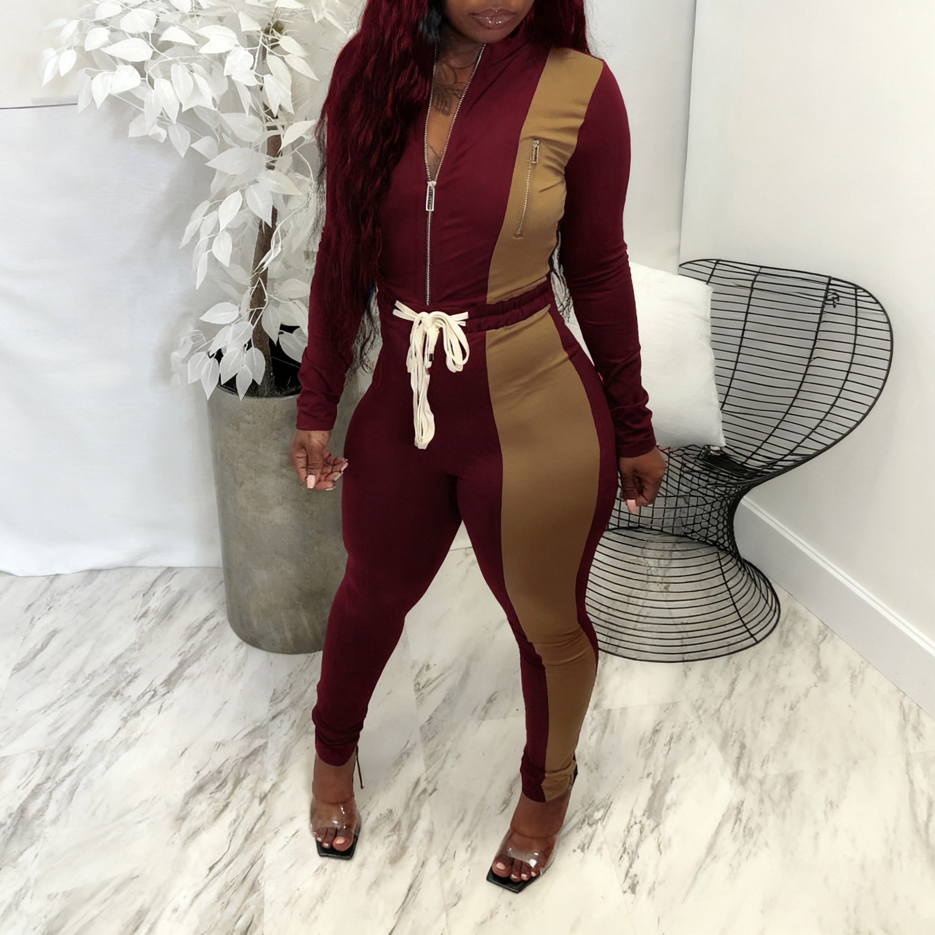 Autumn/Winter Women's Color-Blocked Zip-Up Top & Long Pants Two-Piece Set