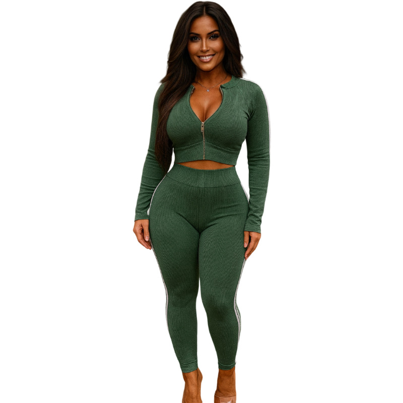 Autumn/Winter Women's Fashion Sexy Slim-Fit Ribbed Sports Top & Pants Two-Piece Set