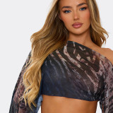 Women's Leopard Print Mesh Slash-Shoulder Long Sleeve Top + Tight-Fitting Short Skirt Two-Piece Set