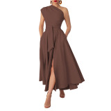 Summer Women's Fashion Sleeveless Slash Neck Solid Slim Waist A-line Dress