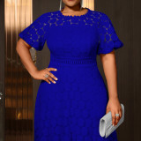 Plus Size Women's Blue Round Neck Lace Cut-Out Short Sleeve Elegant Chic Slim Waist Midi Dress