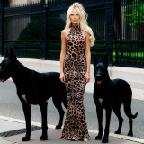 Autumn Women's Fashion Chic Print Sleeveless Halter Neck Low Back Dress