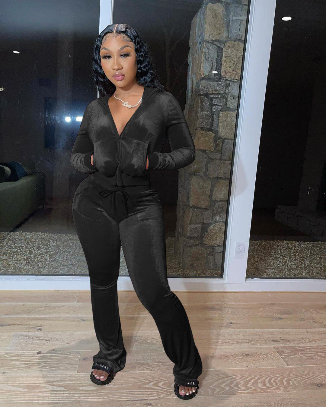 Autumn/Winter Women's Velvet Beaded Letter Casual Tracksuit Set