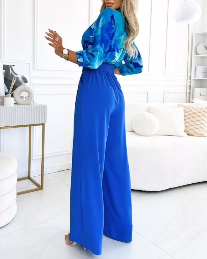 Women's Cross V-Neck Lantern Sleeve Top + Buckle Elastic Waist Wide-Leg Pants Set
