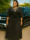 Women's African Pleated Plus Size Fashion Casual Loose Rhinestone Top & Skirt Two-Piece Set
