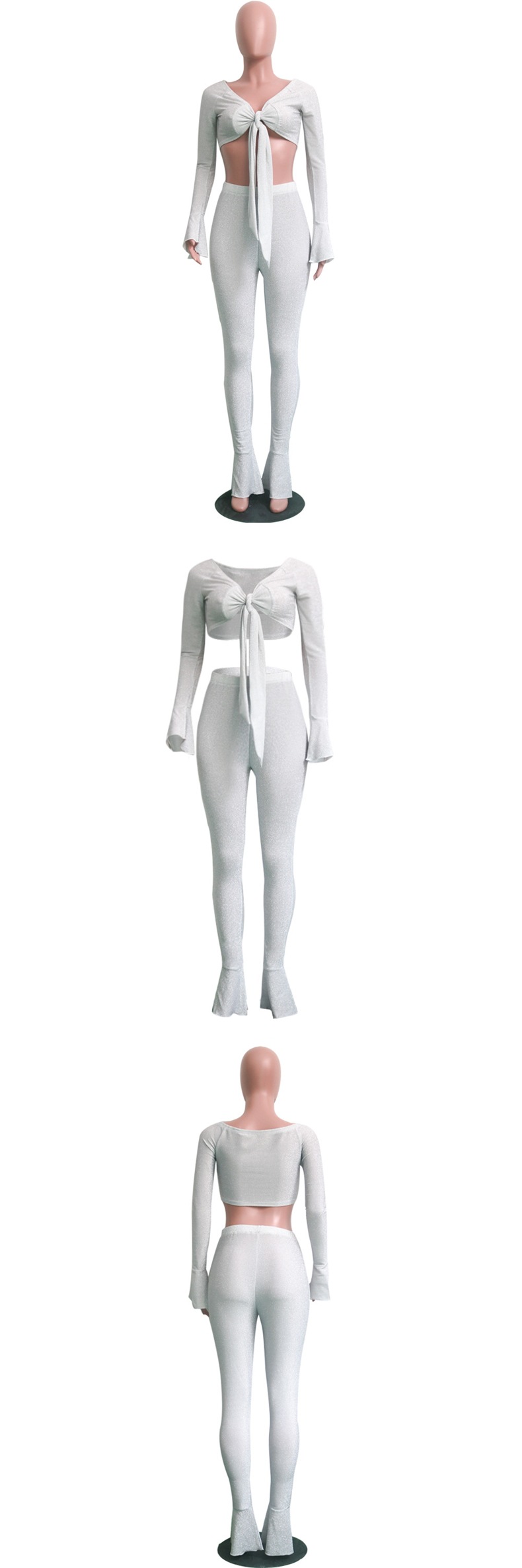 Women's Metallic Elastic Bow Lace-Up Sexy Top + Bell Bottom Pants Two-Piece Set