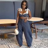 Autumn Women's Fashion Sexy Patchwork Bow-Strap Open Waist Wide-Leg Pants Set