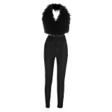 Women's Plush Halter Neck Deep Low Back Lace-Up Tight-Fitting Pants Set