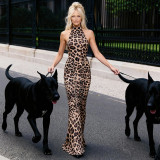 Autumn Women's Fashion Chic Print Sleeveless Halter Neck Low Back Dress