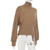 Women's Retro Solid High-Neck Cut-Out Bat Sleeve Slim Waist Knit Top