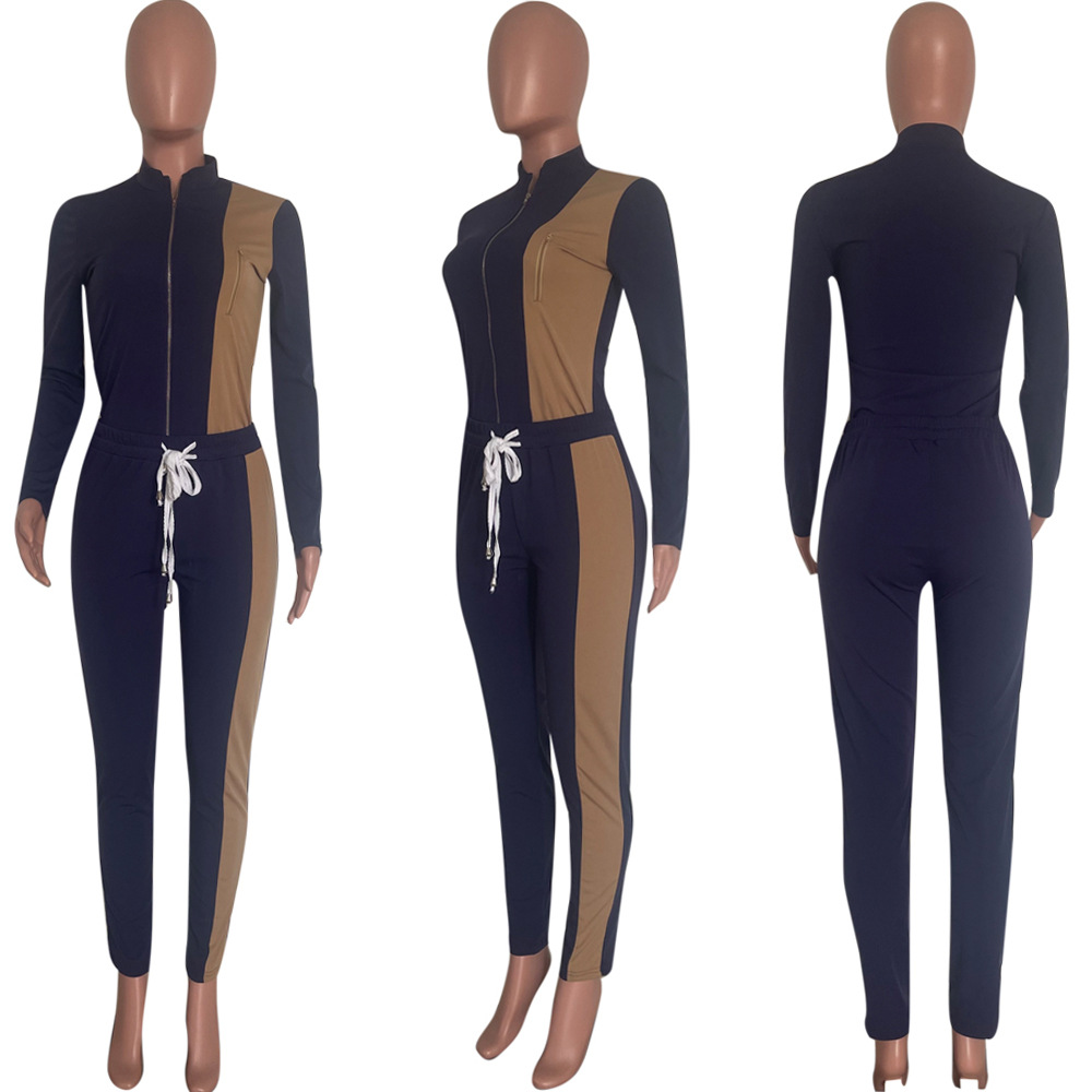 Autumn/Winter Women's Color-Blocked Zip-Up Top & Long Pants Two-Piece Set