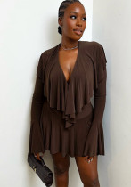 Autumn Women's Solid Casual Long Sleeve Deep V-Neck Ruffle Mini Dress