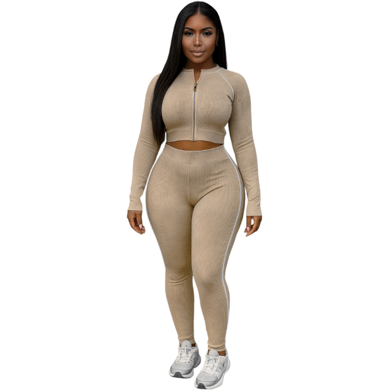 Autumn/Winter Women's Fashion Sexy Slim-Fit Ribbed Sports Top & Pants Two-Piece Set