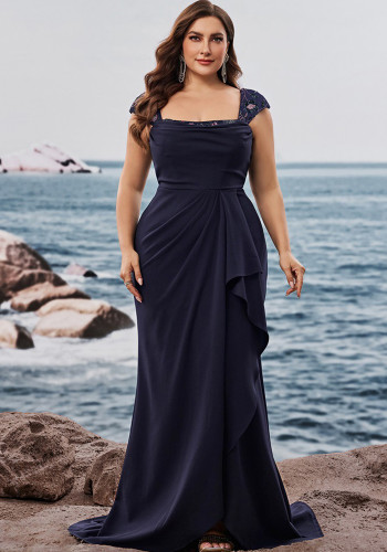 Plus Size Women's Elegant Sequin Patchwork Square Neck Sleeveless Evening Dress Mother of the Bride Gown