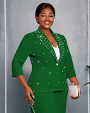 Plus Size Women's Career Turndown Collar Green Beaded Three-Quarter Sleeve Slim Fit Blazer Dress