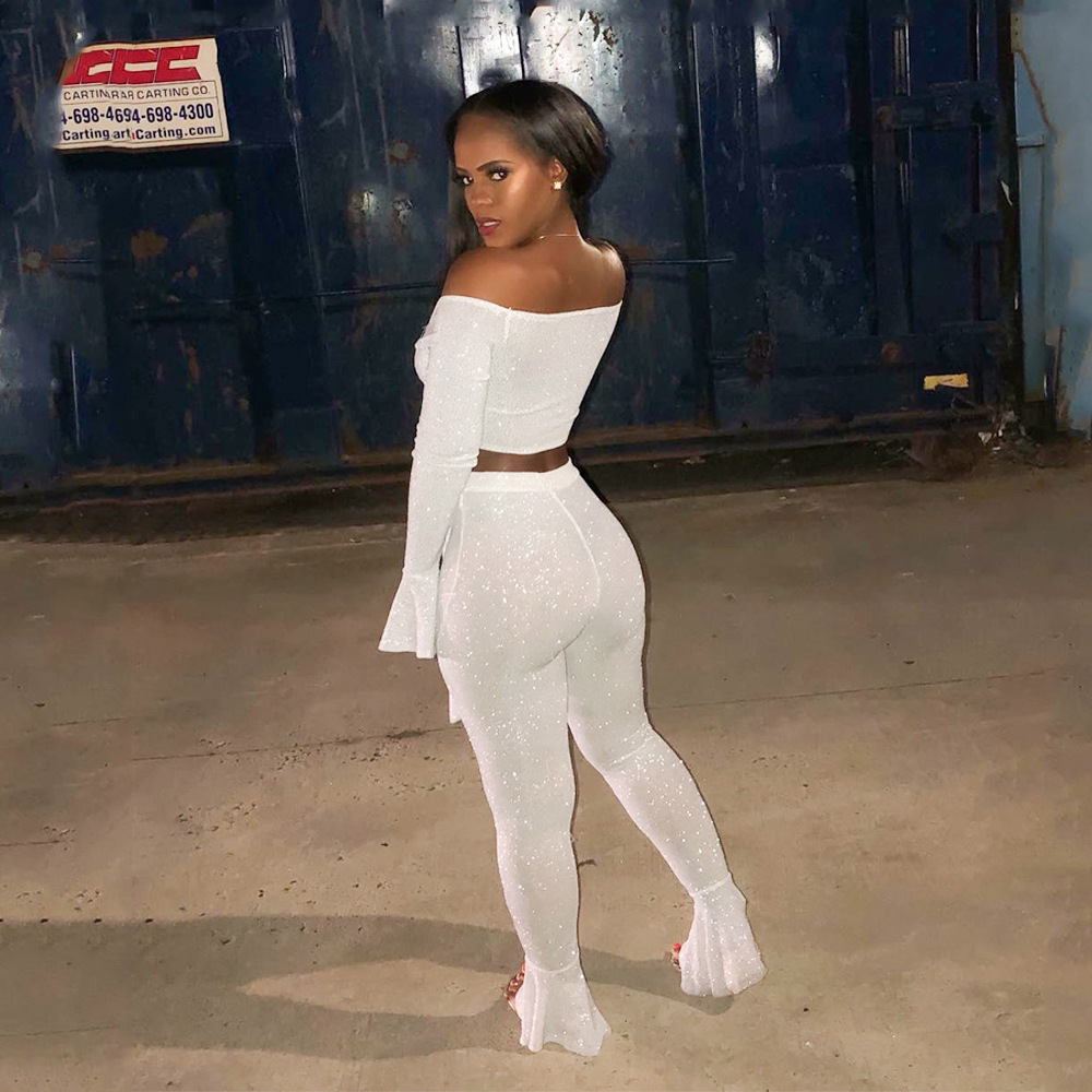 Women's Metallic Elastic Bow Lace-Up Sexy Top + Bell Bottom Pants Two-Piece Set