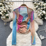 Women's Tie-Dye Mesh Long Sleeve T-Shirt Thin See-Through Chic Ruffle Top