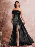 Women's Elegant Sequin Patchwork Strapless Off-Shoulder Evening Dress Bridesmaid Gown