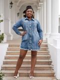 Plus Size Women's Turndown Collar Long Sleeve Short Denim Fashion Shirt Dress