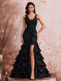 Women's Long Elegant Slash Neck Chic Evening Gown Luxurious Slit Bridesmaid Graduation Cascading Ruffles Dress