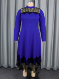 Plus Size Women's Blue Lace Patchwork Long Sleeve Elegant Chic Slim Waist Midi Dress
